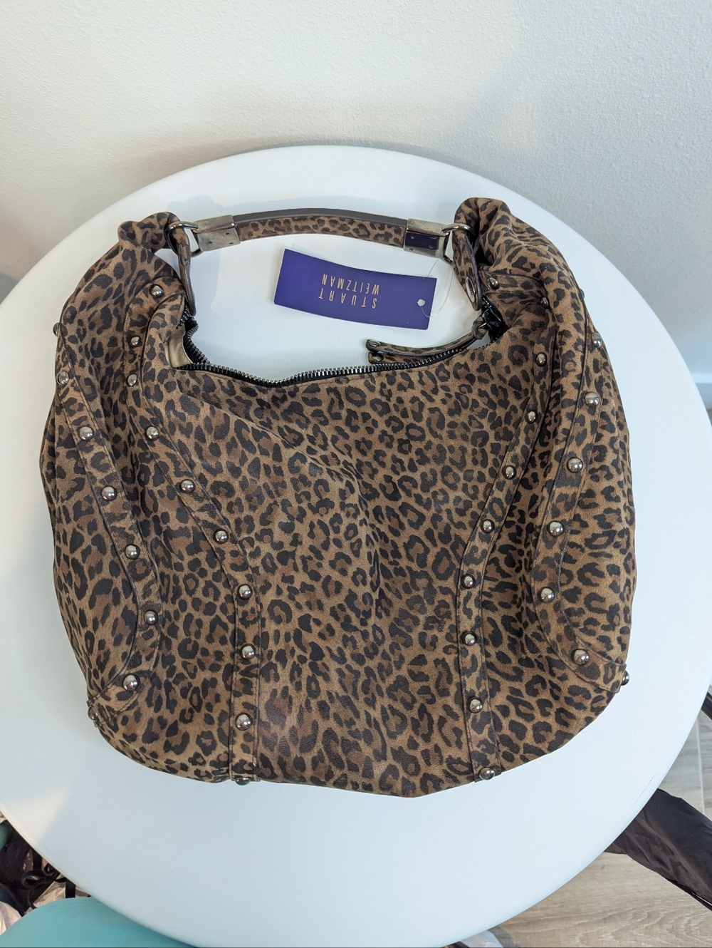 Stuart Weitzman Leopard Suede Studded Hobo Bag w/Tags - Picture 12 of 16